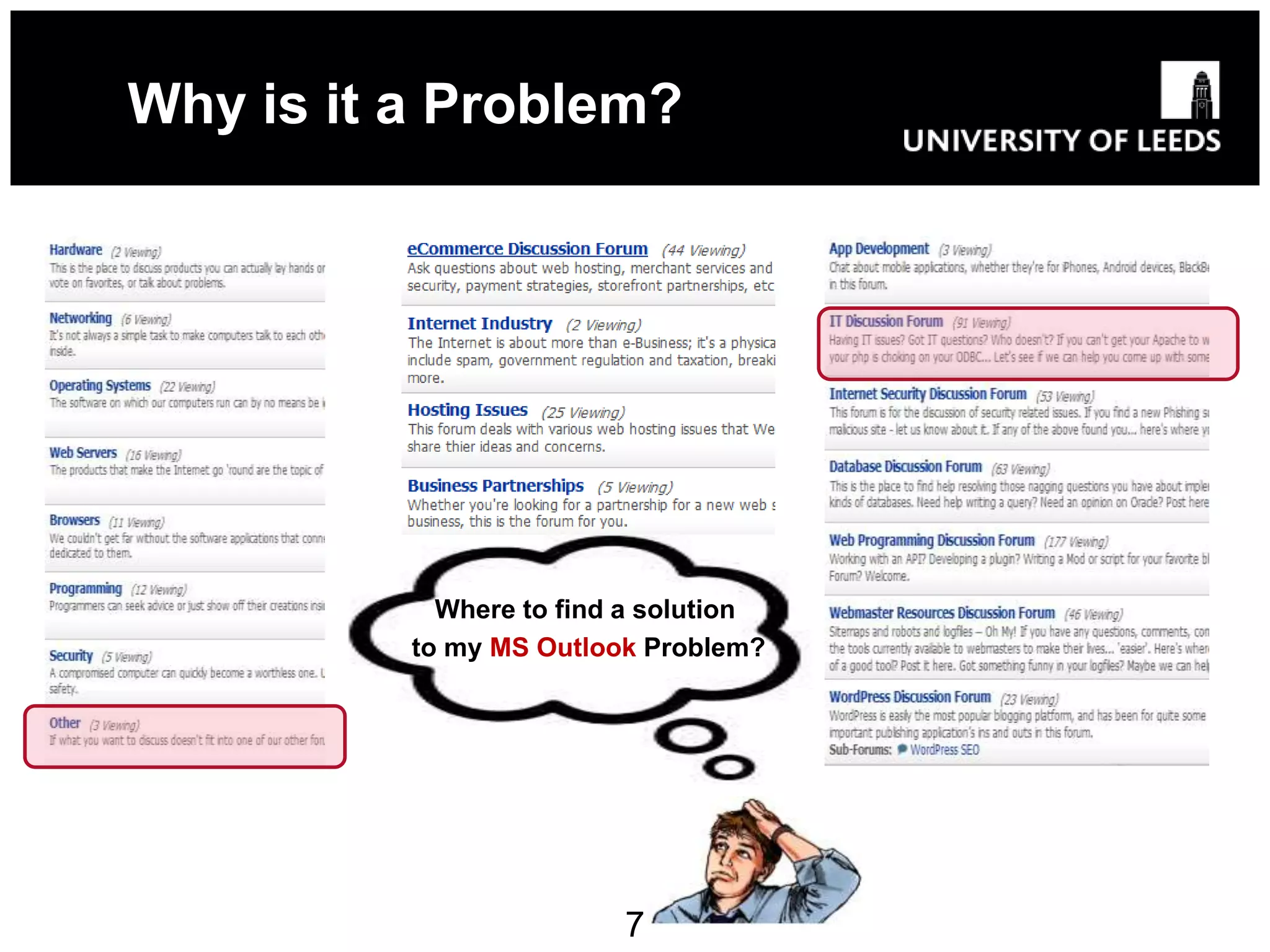 Why is it a Problem?




            Where to find a solution
          to my MS Outlook Problem?




                         7
 