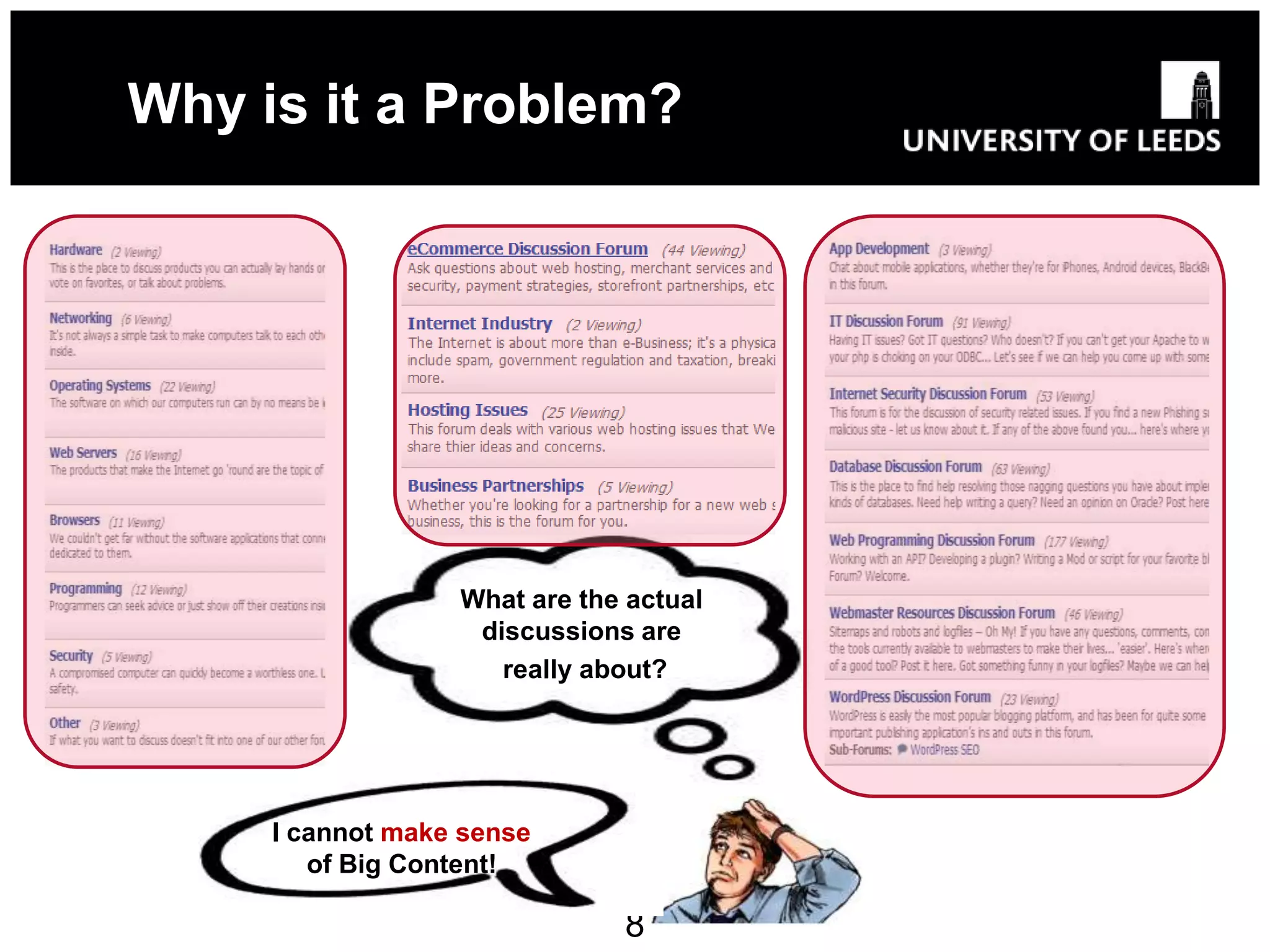 Why is it a Problem?




                  What are the actual
                   discussions are
                     really about?




     I cannot make sense
        of Big Content!

                              8
 