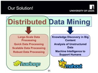 Our Solution!




      Large-Scale Data            Knowledge Discovery in Big
         Processing                        Content
   Quick Data Processing           Analysis of Unstructured
  Scalable Data Processing                   Data
  Robust Data Processing            Machine Intelligence to
                                      Support Humans




                             11
 