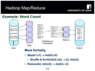 Hadoop Map/Reduce




        More formally,
        • Map(k1,v1)  list(k2,v2)
          • Shuffle & Sort(list(k2,v2))  k2, list(v2)
        • Reduce(k2, list(v2))  list(k3, v3)
                          17
 
