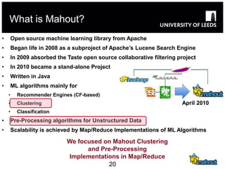 What is Mahout?
•       Open source machine learning library from Apache
•       Began life in 2008 as a subproject of Apache’s Lucene Search Engine
•       In 2009 absorbed the Taste open source collaborative filtering project
•       In 2010 became a stand-alone Project
•       Written in Java
•       ML algorithms mainly for
    •     Recommender Engines (CF-based)
    •     Clustering                                                    April 2010
    •     Classification
•       Pre-Processing algorithms for Unstructured Data
•       Scalability is achieved by Map/Reduce Implementations of ML Algorithms

                             We focused on Mahout Clustering
                                   and Pre-Processing
                             Implementations in Map/Reduce
                                         20
 