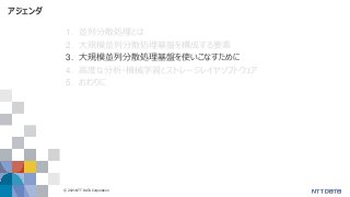 © 2021 NTT DATA Corporation 34
アジェンダ
1. 並列分散処理とは
2. 大規模並列分散処理基盤を構成する要素
3. 大規模並列分散処理基盤を使いこなすために
4. 高度な分析・機械学習とストレージレイヤソフトウェア
5. おわりに
 