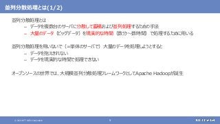 © 2021 NTT DATA Corporation 5
並列分散処理とは(1/2)
並列分散処理とは
– データを複数台のサーバに分散して蓄積および並列処理するための手法
– 大量のデータ（ビッグデータ）を現実的な時間（数分～数時間）で処理するために用いる
並列分散処理を用いないで（=単体のサーバで）大量のデータを処理しようとすると
– データを抱えきれない
– データを現実的な時間で処理できない
オープンソースの世界では、大規模並列分散処理フレームワークとしてApache Hadoopが誕生
 