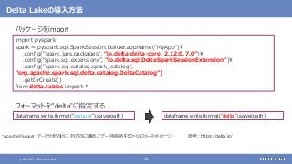 © 2021 NTT DATA Corporation 53
Delta Lakeの導入方法
Sparkアプリケーション
*Apache Parquet : データ分析向けに、列方向に連続してデータを格納するファイルフォーマットの一つ 参考: https://delta.io/
dataframe.write.format(“parquet”).save(path) dataframe.write.format(“delta”).save(path)
© 2021 NTT DATA Corporation 53
パッケージをimport
フォーマットを“delta”に指定する
import pyspark
spark = pyspark.sql.SparkSession.builder.appName("MyApp")
.config("spark.jars.packages“, “io.delta:delta-core_2.12:0.7.0”)
.config(“spark.sql.extensions”, "io.delta.sql.DeltaSparkSessionExtension")
.config("spark.sql.catalog.spark_catalog“,
"org.apache.spark.sql.delta.catalog.DeltaCatalog")
.getOrCreate()
from delta.tables import *
 