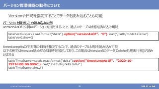 © 2021 NTT DATA Corporation 55
バージョン管理機能の動作について
バージョンを指定しての読み込みの例
versionAsOfで対象のバージョンを指定することで、過去のテーブル状態を読み込み可能
timestampAsOfで対象の日時を指定することで、過去のテーブル状態を読み込み可能
以下の例ではVersion5と6の間の日時を指定しており、この場合はVersion5のデータ(Delete処理実行前)が読み
込まれる
tableVer0=spark.read.format(“delta”).option(“versionAsOf”、 “0”).load(“/path/to/deltaTable”)
tableVer0.show()
tableTimeStamp=spark.read.format(“delta”).option("timestampAsOf"、 "2020-10-
29T16:00:00.000Z").load(“/path/to/deltaTable”)
tableTimeStamp.show()
Versionや日時を指定することでデータを読み込むことも可能
 