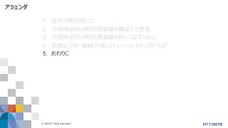 © 2021 NTT DATA Corporation 57
アジェンダ
1. 並列分散処理とは
2. 大規模並列分散処理基盤を構成する要素
3. 大規模並列分散処理基盤を使いこなすために
4. 高度な分析・機械学習とストレージレイヤソフトウェア
5. おわりに
 
