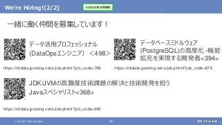 © 2021 NTT DATA Corporation 62
We‘re Hiring!(2/2)
https://nttdata.jposting.net/u/job.phtml?job_code=766
データ活用プロフェッショナル
(DataOpsエンジニア）＜498＞
JDK/JVMの高難度技術課題の解決と技術開発を担う
Javaスペシャリスト<368>
https://nttdata.jposting.net/u/job.phtml?job_code=645
データベースミドルウェア
(PostgreSQL)の高度化・機能
拡充を実現する開発者<394>
https://nttdata.jposting.net/u/job.phtml?job_code=676
※2021年6月現在
一緒に働く仲間を募集しています！
 