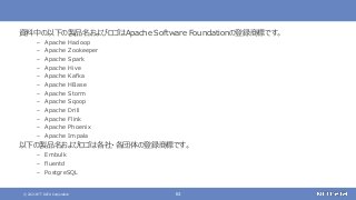 © 2021 NTT DATA Corporation 63
資料中の以下の製品名およびロゴはApache Software Foundationの登録商標です。
– Apache Hadoop
– Apache Zookeeper
– Apache Spark
– Apache Hive
– Apache Kafka
– Apache HBase
– Apache Storm
– Apache Sqoop
– Apache Drill
– Apache Flink
– Apache Phoenix
– Apache Impala
以下の製品名およびロゴは各社・各団体の登録商標です。
– Embulk
– fluentd
– PostgreSQL
 
