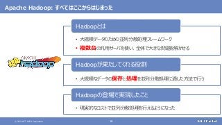 © 2021 NTT DATA Corporation 18
Apache Hadoop: すべてはここからはじまった
• 大規模データのための並列分散処理フレームワーク
• 複数台の汎用サーバを使い、全体で大きな問題を解かせる
Hadoopとは
• 大規模なデータの保存と処理を並列分散処理に適した方法で行う
Hadoopが果たしてくれる役割
• 現実的なコストで並列分散処理を行えるようになった
Hadoopの登場で実現したこと
 