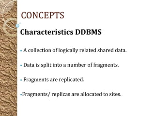 CONCEPTS
Characteristics DDBMS

• A collection of logically related shared data.


• Data is split into a number of fragments.


• Fragments are replicated.


•Fragments/ replicas are allocated to sites.
 