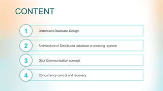 CONTENT
Distributed Database Design1
Architecture of Distributed database processing system2
Data Communication concept3
Concurrency control and recovery4
 
