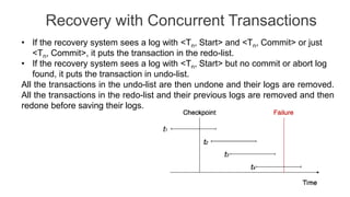 Recovery with Concurrent Transactions
• If the recovery system sees a log with <Tn, Start> and <Tn, Commit> or just
<Tn, Commit>, it puts the transaction in the redo-list.
• If the recovery system sees a log with <Tn, Start> but no commit or abort log
found, it puts the transaction in undo-list.
All the transactions in the undo-list are then undone and their logs are removed.
All the transactions in the redo-list and their previous logs are removed and then
redone before saving their logs.
 