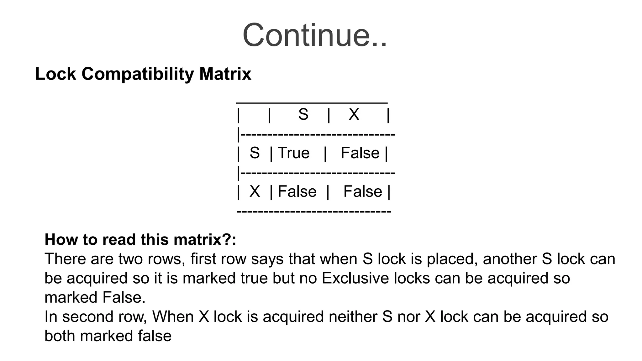 Continue..
Lock Compatibility Matrix
_________________
| | S | X |
|-----------------------------
| S | True | False |
|-----------------------------
| X | False | False |
-----------------------------
How to read this matrix?:
There are two rows, first row says that when S lock is placed, another S lock can
be acquired so it is marked true but no Exclusive locks can be acquired so
marked False.
In second row, When X lock is acquired neither S nor X lock can be acquired so
both marked false
 