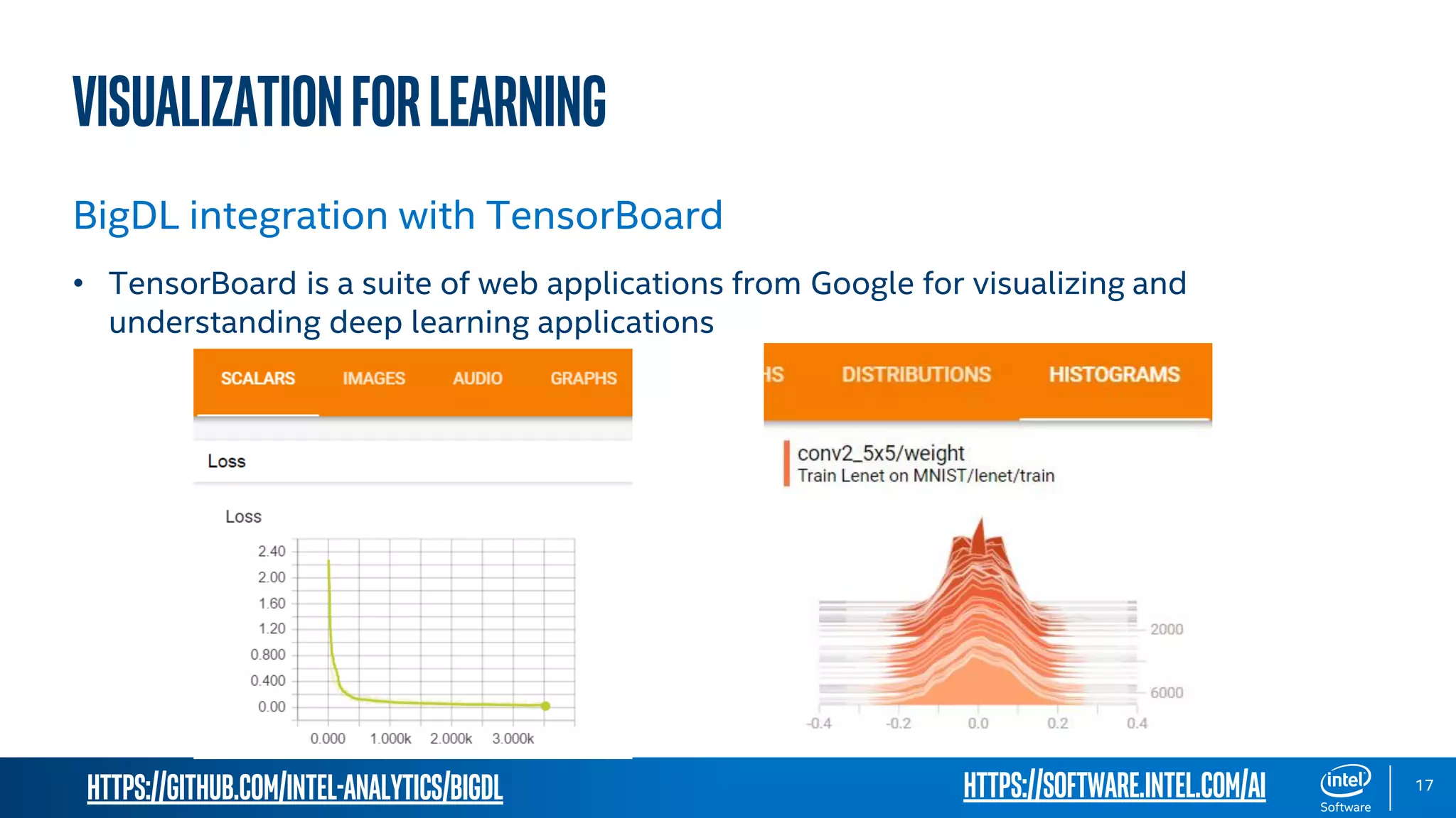https://github.com/intel-analytics/BigDL 17 VisualizationforLearning BigDL integration with TensorBoard • TensorBoard is a suite of web applications from Google for visualizing and understanding deep learning applications https://software.intel.com/ai 