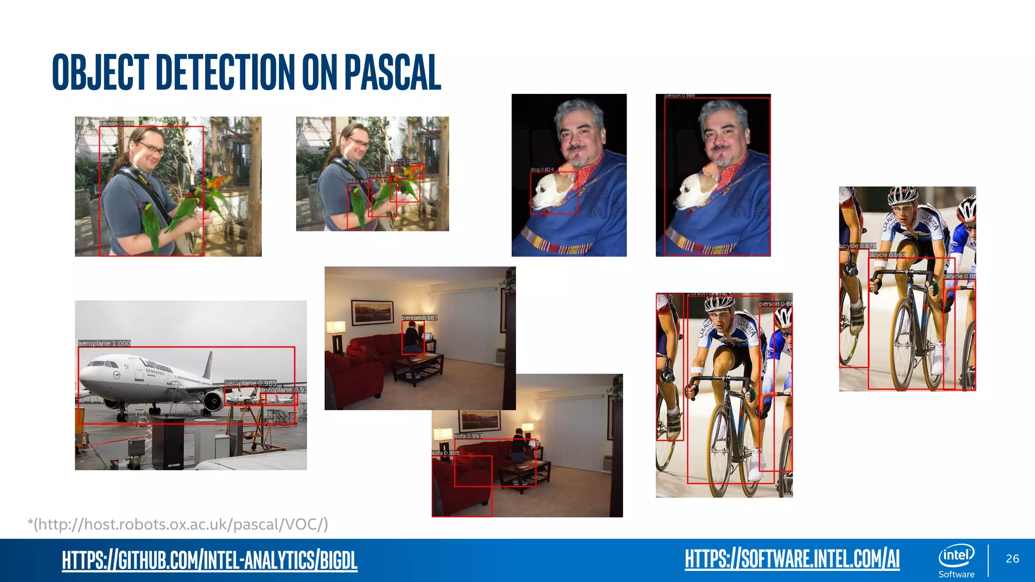 https://github.com/intel-analytics/BigDL 26 ObjectDetectiononPASCAL *(http://host.robots.ox.ac.uk/pascal/VOC/) https://software.intel.com/ai 