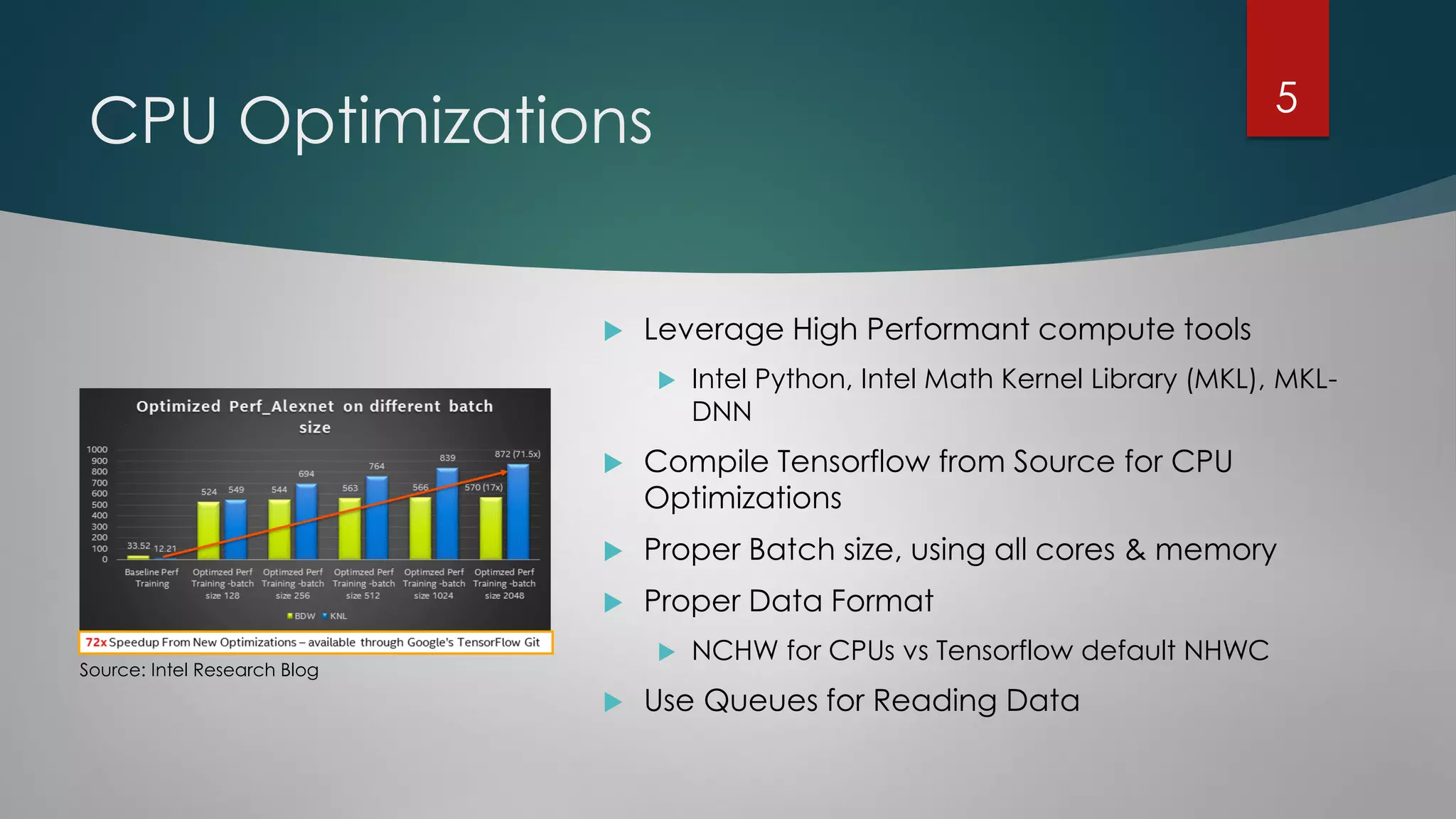 CPU Optimizations
 Leverage High Performant compute tools
 Intel Python, Intel Math Kernel Library (MKL), MKL-
DNN
 Compile Tensorflow from Source for CPU
Optimizations
 Proper Batch size, using all cores & memory
 Proper Data Format
 NCHW for CPUs vs Tensorflow default NHWC
 Use Queues for Reading Data
Source: Intel Research Blog
5
 