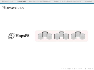 INTRODUCTION HOPSWORKS DISTRIBUTED DEEP LEARNING PARALLEL BLACK-BOX OPTIMIZATION SUMMARY
HOPSWORKS
HopsFS
 