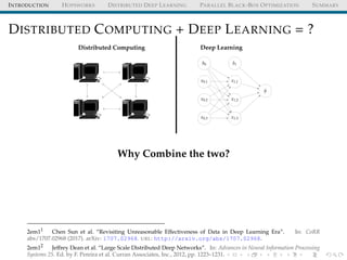 INTRODUCTION HOPSWORKS DISTRIBUTED DEEP LEARNING PARALLEL BLACK-BOX OPTIMIZATION SUMMARY
DISTRIBUTED COMPUTING + DEEP LEARNING = ?
b0
x0,1
x0,2
x0,3
b1
x1,1
x1,2
x1,3
ˆy
Distributed Computing Deep Learning
Why Combine the two?
2em11
Chen Sun et al. “Revisiting Unreasonable Effectiveness of Data in Deep Learning Era”. In: CoRR
abs/1707.02968 (2017). arXiv: 1707.02968. URL: http://arxiv.org/abs/1707.02968.
2em12
Jeffrey Dean et al. “Large Scale Distributed Deep Networks”. In: Advances in Neural Information Processing
Systems 25. Ed. by F. Pereira et al. Curran Associates, Inc., 2012, pp. 1223–1231.
 