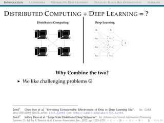 INTRODUCTION HOPSWORKS DISTRIBUTED DEEP LEARNING PARALLEL BLACK-BOX OPTIMIZATION SUMMARY
DISTRIBUTED COMPUTING + DEEP LEARNING = ?
b0
x0,1
x0,2
x0,3
b1
x1,1
x1,2
x1,3
ˆy
Distributed Computing Deep Learning
Why Combine the two?
We like challenging problems
2em11
Chen Sun et al. “Revisiting Unreasonable Effectiveness of Data in Deep Learning Era”. In: CoRR
abs/1707.02968 (2017). arXiv: 1707.02968. URL: http://arxiv.org/abs/1707.02968.
2em12
Jeffrey Dean et al. “Large Scale Distributed Deep Networks”. In: Advances in Neural Information Processing
Systems 25. Ed. by F. Pereira et al. Curran Associates, Inc., 2012, pp. 1223–1231.
 