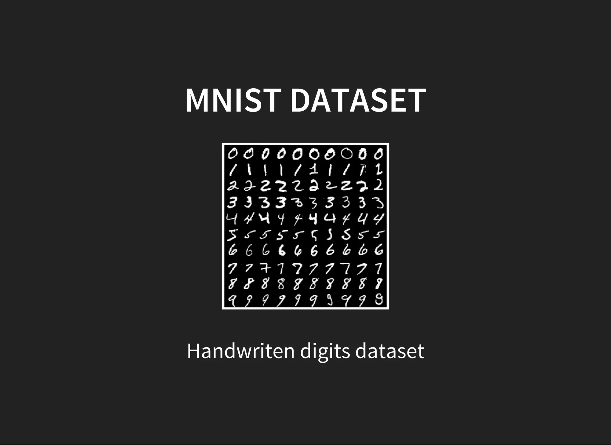MNIST DATASET
Handwriten digits dataset
 