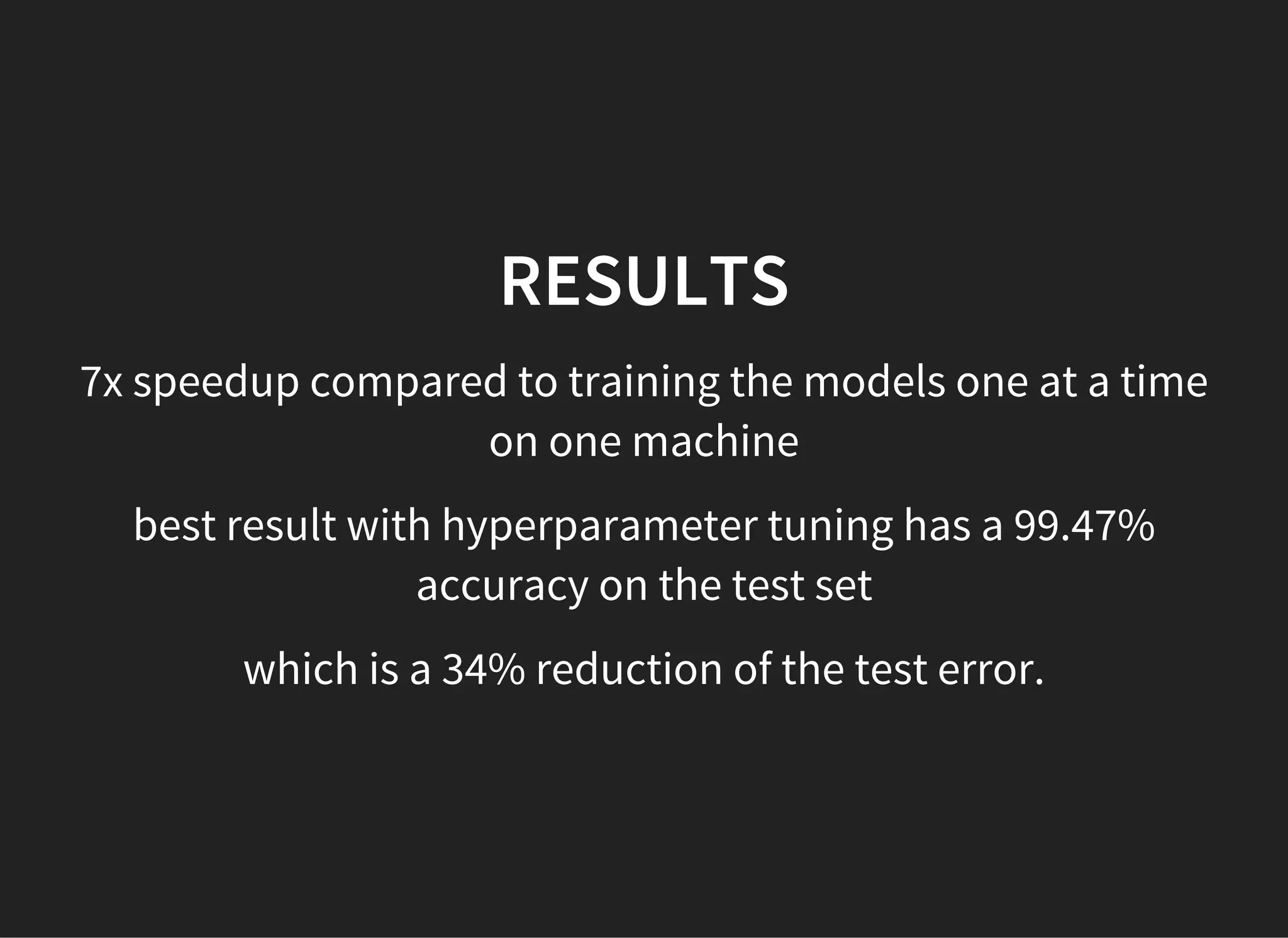 RESULTS
7x speedup compared to training the models one at a time
on one machine
best result with hyperparameter tuning has a 99.47%
accuracy on the test set
which is a 34% reduction of the test error.
 