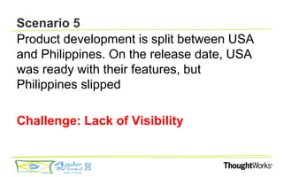 Scenario 5
Product development is split between USA
and Philippines. On the release date, USA
was ready with their features, but
Philippines slipped

Challenge: Lack of Visibility
 