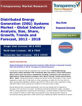 REPORT DESCRIPTION
Global Distributed Energy Generation Systems (DEG) Market is Expected to Reach
USD 155.86 Billion in 2018: Transparency Market Research
Transparency Market Research published new market report "Distributed Energy
Generation (DEG) Marketfor CHP (Combined Heat and Power), Solar Photovoltaic,
Wind Turbine and Fuel Cells in Residential, Building, Institution and Commercial
Applications- Global Industry Analysis, Size, Share, Growth, Trends and Forecast,
2012 - 2018," global DEG systems market was valued at USD 99.68 billion in 2011 and is
expected to reach USD 155.86 billion in 2018, growing at a CAGR of 6.7% from 2012 to
2018. Annual DEG installation capacity was 81,875.7 MW in 2011 and is expected to reach
180,093.6 MW in 2018, growing at a CAGR of 11.9% from 2012 to 2018.
Energy demand has increased substantially over the past decade and is expected to
increase in the next five to six years. Insufficient centralized electricity supply, paradigm
shift in energy generation towards green technology, increased industry awareness coupled
with revised FIT (Feed in Tariff) rates are expected to spur market growth. Failure of
conventional energy generation model which incurs substantial capital investment for power
Transparency Market Research
Distributed Energy
Generation (DEG) Systems
Market - Global Industry
Analysis, Size, Share,
Growth, Trends and
Forecast, 2012 - 2018
Single User License: US $ 4595
Multi User License: US $ 7595
Corporate User License: US $ 10595
Buy Now
Request Sample
Published Date: Aug 2013
151 Pages Report
 