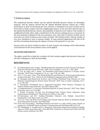 International Journal on Soft Computing, Artificial Intelligence and Applications (IJSCAI), Vol.3, No. 2, May 2014
37
7. CONCLUSIONS
The randomised decision scheme and the optimal threshold decision scheme are thoroughly
analysed. And the analysis showed that the optimal threshold decision scheme has a better
performance in terms of minimising the error, and also, it introduced very lesser number of new
errors (due to faulty evidence from the neighbouring sensors). It has also been observed that, in
the optimal threshold decision scheme, the probability of detection error reduces if the number of
neighbourhood nodes taken under consideration for the decision making process is increased. In
the event detection technique for the non-symmetric error, more than 97 percent of faults can be
corrected even when 10 percent sensor nodes are faulty. The limitation here is that the number of
new error introduced is seen to increase steadily. In some practical applications like that of the
real life environment monitoring, the chances of errors to be symmetric is very rare
because errors are always random in nature. In such scenarios, the technique of the fault-tolerant
event detection for the non-symmetric errors can be applied.
ACKNOWLEDGEMENTS
The author would like to thank the co-authors for their constant support and innovative ideas and
also their willingness to share the knowledge.
REFERENCES
[1] B. Krishnamachari and S. Iyengar, “Distributed Bayesian Algorithms for Fault-Tolerant Event Region
Detection in Wireless Sensor Networks,” IEEE Trans. Computers, vol. 53, no. 3, Mar. 2004.
[2] X. Luo, M. Dong, and Y. Huang, “On Distributed Fault-Tolerant Detection in Wireless Sensor
Networks,” IEEE Trans. Computers,vol. 55, no. 1, pp. 57-80, Jan. 2006.
[3] M. Li, Y. Liu, and L. Chen, “Non-Threshold Based Event Detection for 3D Environment Monitoring
in Sensor Networks,” Proc. 27th Int’l Conf. Distributed Computing Systems (ICDCS), 2007.
[4] EI. Moutapha Ould-Ahmed-Vall, B.H.Ferri, and G.F.Riley,”Distributed Fault-Tolerance for Event
Detection Using Hetrogenous Wireless Sensor Networks”, IEEE Trans on mobile computing, vol.11,
no.12, Dec 2012.
[5] F. Kounshanfar, M.Potkonjak and A. Sanjiovanni-Vincentelli, “Fault Tolerance Techniques for
Wireless Ad Hoc Sensor Networks”, Proc.IEEE Sensors,2002.
[6] J. Chamberland and V.V.Veeravalli,”Distributed Detection in Sensor Networks”, IEEE Trans. Signal
Processing, vol.51, no.2, Feb.2003.
[7] L. Prasad, S.S.Iyengar, R.L.Rao and R.L.Kashyap,”Fault Tolerant Sensor Integration using
multiresolution decomposition”, Physical Rev.E,vol.49,no.4, Apr 1994.
[8] R.Vishwanathan and P.K Varshney,”Distributed Detection with Multiple Sensors:Part-I
Fundamentals”, Proc.IEEE, vol.85, no.1,1997.
[9] H.Li, P.Li, Z.Xie and M.Wu,”Event Region Fault-Tolerant Detection Based on Distributed Weight
for Wireless Sensor Networks”, Proc.IEEE,2008.
[10] R.Niu and P.K.Varshney,” Distributed Detection and fusion in a large wireless sensor network of
random size”, EURASIP Journal on Wireless Communication and Networking 2005:4,462-472.
[11] M.P. Michaelides, C. Laoudias and C.G. Panayiotou,”Fault tolerant detection and tracking of multiple
sources in WSNs using binary data”, Joint 48th IEEE Conference on Decision and Control and 28th
Chinese control conference, Dec 2009.
 