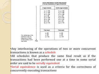 •Any interleaving of the operations of two or more concurrent
transactions is known as a schedule
•All schedules that produce the same final result as if the
transactions had been performed one at a time in some serial
order are said to be serially equivalent
•Serial equivalence is used as a criteria for the correctness of
concurrently executing transactions
 