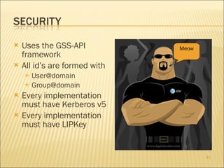 Uses the GSS-API framework All id’s are formed with [email_address] [email_address] Every implementation must have Kerberos v5 Every implementation must have LIPKey Meow 