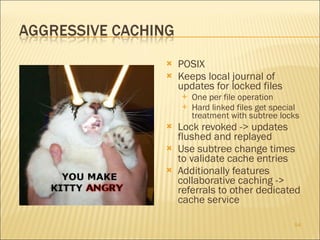 POSIX  Keeps local journal of updates for locked files One per file operation Hard linked files get special treatment with subtree locks Lock revoked -> updates flushed and replayed  Use subtree change times to validate cache entries Additionally features collaborative caching -> referrals to other dedicated cache service 