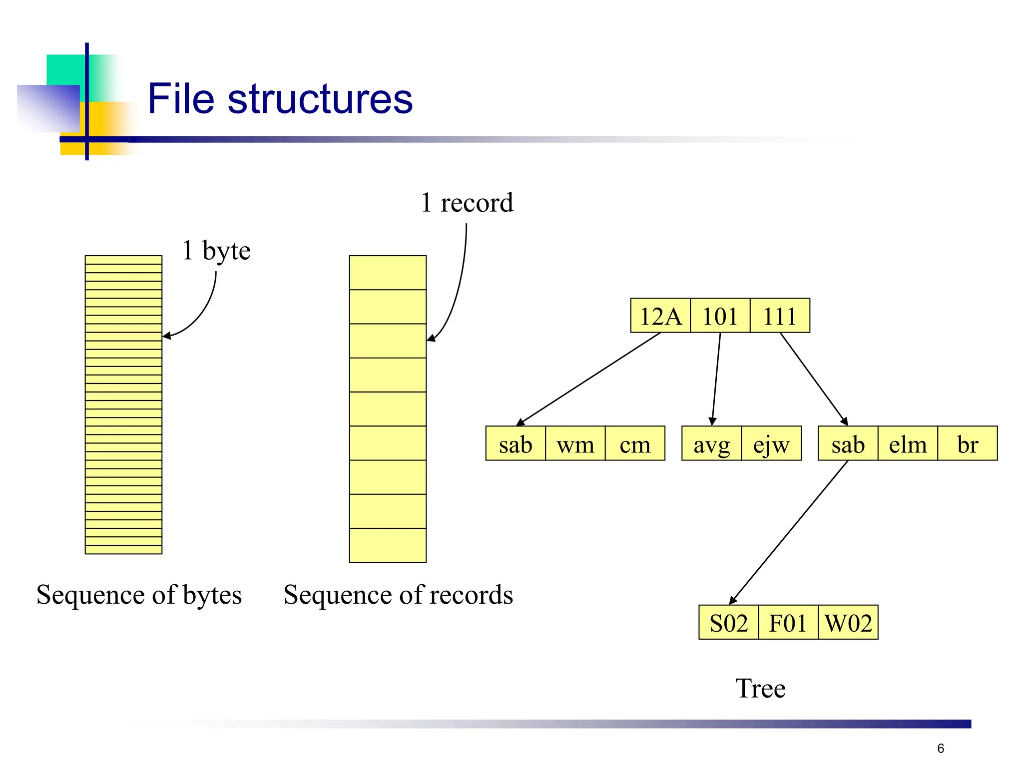 6
File structures
Sequence of bytes Sequence of records
1 byte
1 record
12A 101 111
sab wm cm avg ejw sab elm br
S02 F01 W02
Tree
 