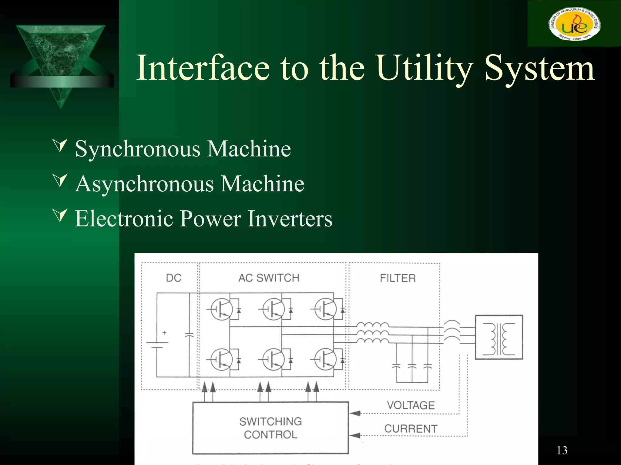 Interface to the Utility System
 Synchronous Machine
 Asynchronous Machine
 Electronic Power Inverters
13
 