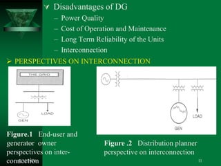  Disadvantages of DG
– Power Quality
– Cost of Operation and Maintenance
– Long Term Reliability of the Units
– Interconnection
 PERSPECTIVES ON INTERCONNECTION
Figure.1 End-user and
generator owner
perspectives on inter-
connection
Figure .2 Distribution planner
perspective on interconnection
2/11/2021 11
 