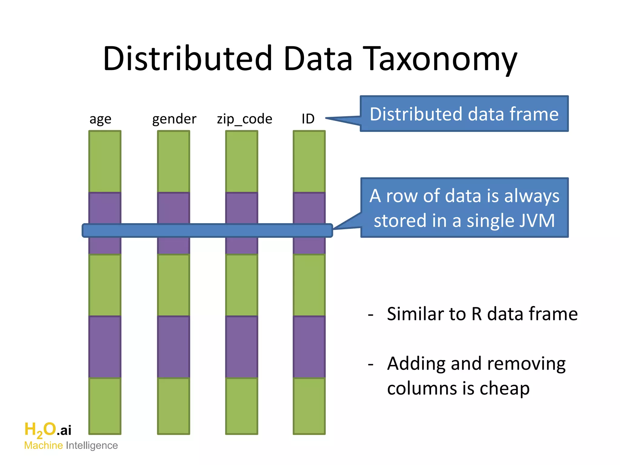Distributed Data Taxonomy
age gender zip_code ID
A row of data is always
stored in a single JVM
Distributed data frame
- Similar to R data frame
- Adding and removing
columns is cheap
H2O.ai
Machine Intelligence
 