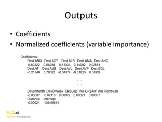 Outputs
• Coefficients
• Normalized coefficients (variable importance)
H2O.ai
Machine Intelligence
Coefficients:
Dest.ABQ Dest.ACY Dest.ALB Dest.AMA Dest.ANC
0.80322 -0.06288 0.13333 0.14092 0.92581
Dest.AT Dest.AUS Dest.AVL Dest.AVP Dest.BDL
-0.21849 0.78392 -0.34974 -0.31825 0.38924
. .
. .
DayofMonth DayOfWeek CRSDepTime CRSArrTime FlightNum
-0.03087 0.02110 0.00029 0.00027 0.00007
Distance Intercept
0.00024 136.69614
 