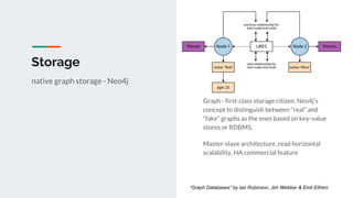 Storage
Graph - first-class storage citizen. Neo4j’s
concept to distinguish between “real” and
“fake” graphs as the ones based on key-value
stores or RDBMS.
Master-slave architecture, read horizontal
scalability, HA commercial feature
native graph storage - Neo4j
“Graph Databases” by Ian Robinson, Jim Webber & Emil Eifrem
 