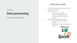 Data processing
Think Like a Graph
● TLAV good but: network communication can
become an overhead
● graph-centric:
○ data stored in subgraphs
○ traversals applied first locally
○ results propagated to boundary
vertices
● implementation example: GoFFish v3
○ unfortunately: lack of industry
adoption
○ Spark on Neo4J tends to imitate the
approach
graph-centric approach
 