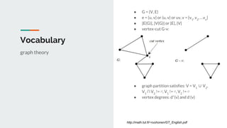 Vocabulary
● G = (V, E)
● e = {u, v} or (u, v) or uv, v = {v1
, v2
, …vn
}
● |E(G)|, |V(G)| or |E|, |V|
● vertex-cut G-v:
●
●
●
●
●
●
● s
●
●
● graph partition satisfies: V = V1
∪ V2
,
V1
∩ V2
!= ∅, V1
!= ∅, V2
!= ∅
● vertex degrees: d+
(v) and d-
(v)
graph theory
http://math.tut.fi/~ruohonen/GT_English.pdf
 