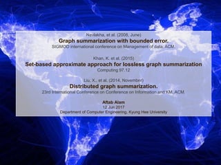 Navlakha, et al. (2008, June)
Graph summarization with bounded error.
SIGMOD international conference on Management of data. ACM.
Khan, K. et al. (2015)
Set-based approximate approach for lossless graph summarization
Computing 97.12
Liu, X., et al. (2014, November)
Distributed graph summarization.
23rd International Conference on Conference on Information and KM. ACM.
Aftab Alam
12 Jun 2017
Department of Computer Engineering, Kyung Hee University
 