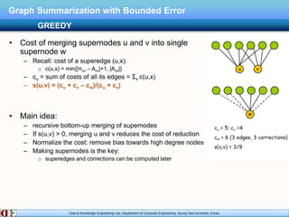 Data & Knowledge Engineering Lab, Department of Computer Engineering, Kyung Hee University, Korea.
Graph Summarization with Bounded Error
• Cost of merging supernodes u and v into single
supernode w
– Recall: cost of a superedge (u,x):
o c(u,x) = min{|πvx – Avx|+1, |Avx|}
– cu = sum of costs of all its edges = Σx c(u,x)
– s(u,v) = (cu + cv – cw)/(cu + cv)
• Main idea:
– recursive bottom-up merging of supernodes
– If s(u,v) > 0, merging u and v reduces the cost of reduction
– Normalize the cost: remove bias towards high degree nodes
– Making supernodes is the key:
o superedges and corrections can be computed later
GREEDY
 