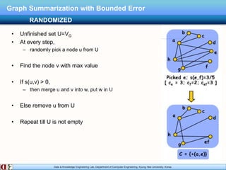 Data & Knowledge Engineering Lab, Department of Computer Engineering, Kyung Hee University, Korea.
Graph Summarization with Bounded Error
• Unfinished set U=VG
• At every step,
– randomly pick a node u from U
• Find the node v with max value
• If s(u,v) > 0,
– then merge u and v into w, put w in U
• Else remove u from U
• Repeat till U is not empty
RANDOMIZED
 