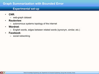 Data & Knowledge Engineering Lab, Department of Computer Engineering, Kyung Hee University, Korea.
Graph Summarization with Bounded Error
• CNR:
– web-graph dataset
• Routeview:
– autonomous systems topology of the internet
• Wordnet:
– English words, edges between related words (synonym, similar, etc.)
• Facebook:
– social networking
Experimental set-up
 