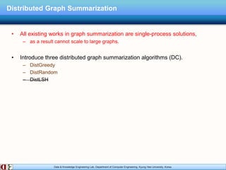 Data & Knowledge Engineering Lab, Department of Computer Engineering, Kyung Hee University, Korea.
Distributed Graph Summarization
• All existing works in graph summarization are single-process solutions,
– as a result cannot scale to large graphs.
• Introduce three distributed graph summarization algorithms (DC).
– DistGreedy
– DistRandom
– DistLSH
 