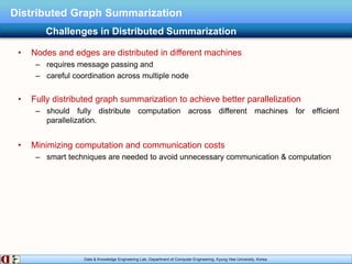 Data & Knowledge Engineering Lab, Department of Computer Engineering, Kyung Hee University, Korea.
Distributed Graph Summarization
• Nodes and edges are distributed in different machines
– requires message passing and
– careful coordination across multiple node
• Fully distributed graph summarization to achieve better parallelization
– should fully distribute computation across different machines for efficient
parallelization.
• Minimizing computation and communication costs
– smart techniques are needed to avoid unnecessary communication & computation
Challenges in Distributed Summarization
 