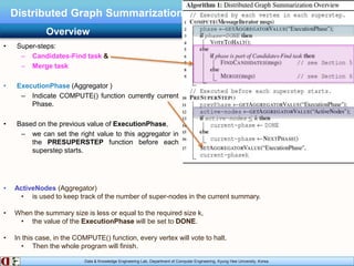 Data & Knowledge Engineering Lab, Department of Computer Engineering, Kyung Hee University, Korea.
Distributed Graph Summarization
• Super-steps:
– Candidates-Find task &
– Merge task
• ExecutionPhase (Aggregator )
– Indicate COMPUTE() function currently current
Phase.
• Based on the previous value of ExecutionPhase,
– we can set the right value to this aggregator in
the PRESUPERSTEP function before each
superstep starts.
Overview
• ActiveNodes (Aggregator)
• is used to keep track of the number of super-nodes in the current summary.
• When the summary size is less or equal to the required size k,
• the value of the ExecutionPhase will be set to DONE.
• In this case, in the COMPUTE() function, every vertex will vote to halt.
• Then the whole program will finish.
 