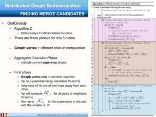 Data & Knowledge Engineering Lab, Department of Computer Engineering, Kyung Hee University, Korea.
Distributed Graph Summarization
• DistGreedy
– Algorithm 2
o DistGreedy’s FindCandidates function.
– There are three phases for this function.
– Giraph vertex = different roles in computation
– Aggregator ExecutionPhase
o indicate current superstep phase.
– First phase
o Giraph vertex role = common neighbor
o Vp, to a potential merge candidate Vi and Vj
o neighbors of Vp are all two hops away from each
other
o Vp will compute for all pairs of neighbors
Vi and Vj
o And send to the super-node in the pair
with the smaller id, Vi.
FINDING MERGE CANDIDATES
 