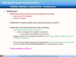 Data & Knowledge Engineering Lab, Department of Computer Engineering, Kyung Hee University, Korea.
Distributed Graph Summarization
• DistRandom
– DistGreedy blindly examines all super-node pairs of 2 hops
o large amount of computation
o network messages.
– DistRandom randomly selects some super-node pairs to examine.
– DistRandom also has the following three supersteps.
o super-node randomly selects one neighbor
 sends a message to this neighbor, including its
» size, selfconn, all neighbors’ size and conn.
o neighbor receives the message and forwards it to a random chosen neighbor with an id
smaller than the sender.
o The 2-hop away neighbor receives this message and use it to compute the error increase. If
the error increase is above ErrorThreshold, then a merge decision is made.
– Time complexity is O(d, N)
FINDING MERGE CANDIDATES > DistRandom
 