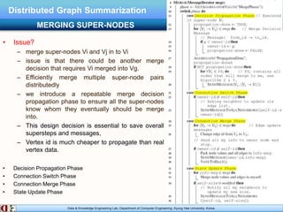Data & Knowledge Engineering Lab, Department of Computer Engineering, Kyung Hee University, Korea.
Distributed Graph Summarization
• Issue?
– merge super-nodes Vi and Vj in to Vi
– issue is that there could be another merge
decision that requires Vi merged into Vg.
– Efficiently merge multiple super-node pairs
distributedly
– we introduce a repeatable merge decision
propagation phase to ensure all the super-nodes
know whom they eventually should be merge
into.
– This design decision is essential to save overall
supersteps and messages,
– Vertex id is much cheaper to propagate than real
vertex data.
• Decision Propagation Phase
• Connection Switch Phase
• Connection Merge Phase
• State Update Phase
MERGING SUPER-NODES
 