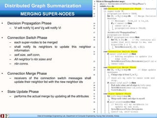 Data & Knowledge Engineering Lab, Department of Computer Engineering, Kyung Hee University, Korea.
Distributed Graph Summarization
• Decision Propagation Phase
– Vi will notify Vj and Vg will notify Vi
• Connection Switch Phase
– each super-nodes to be merged
– shall notify its neighbors to update this neighbor
information
– self.size, self.conn,
– All neighbor’s nbr.sizes and
– nbr.conns.
• Connection Merge Phase
– receivers of the connection switch messages shall
update their neighbor list with the new neighbor ids
• State Update Phase
– performs the actual merge by updating all the attributes
MERGING SUPER-NODES
 